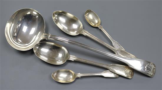 A George IV silver fiddle, thread and shell pattern soup ladle, London, 1827 and four other silver spoons, 18.5 oz.